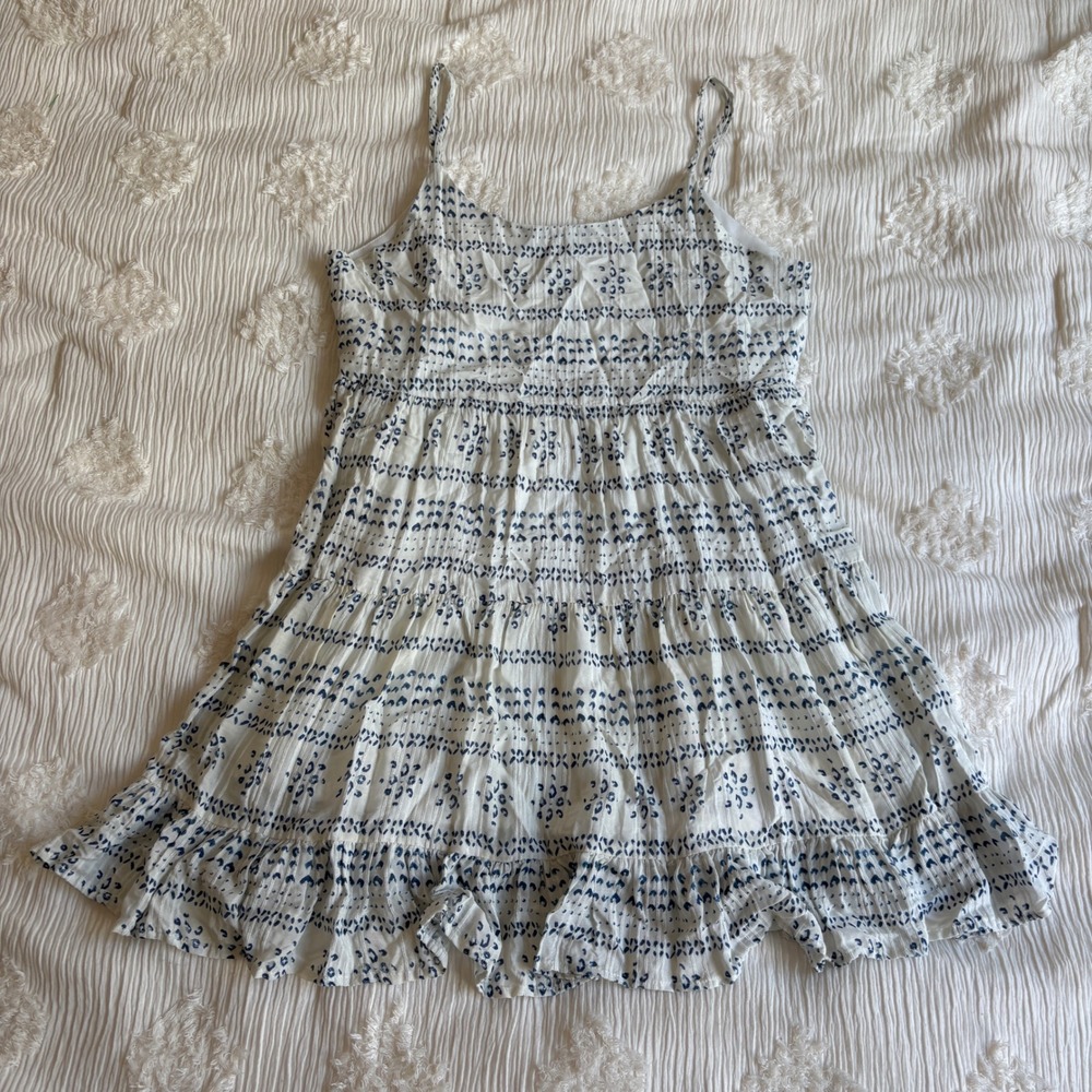 En Creme Blue White Boho Tiered Mini Dress L Sleeveless Babydoll EDF17754WY